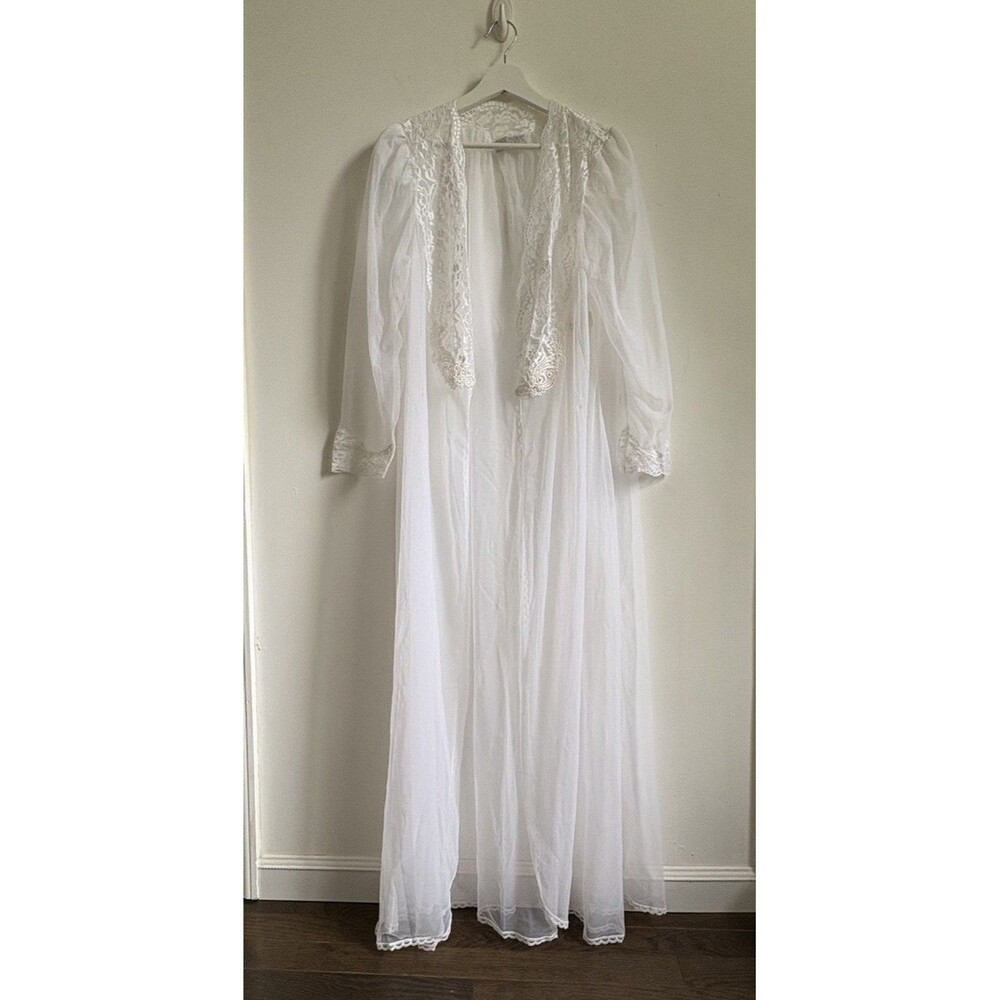 Vintage Val Mode Women's Sheer Dressing Robe Lace Detail White Size S/M